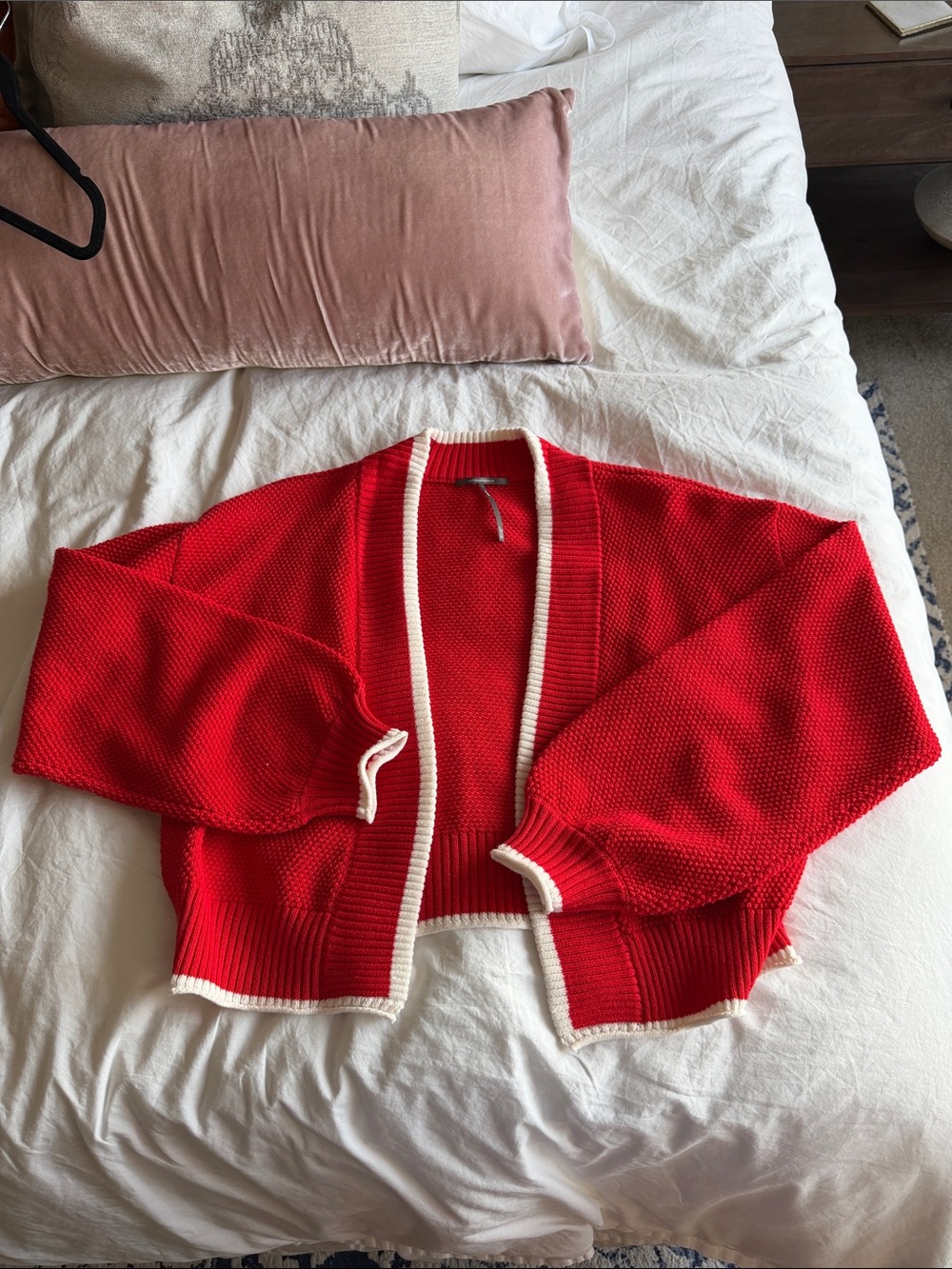 Anthropologie Red Cropped Open-Front Women's Sweater with Cream Trim